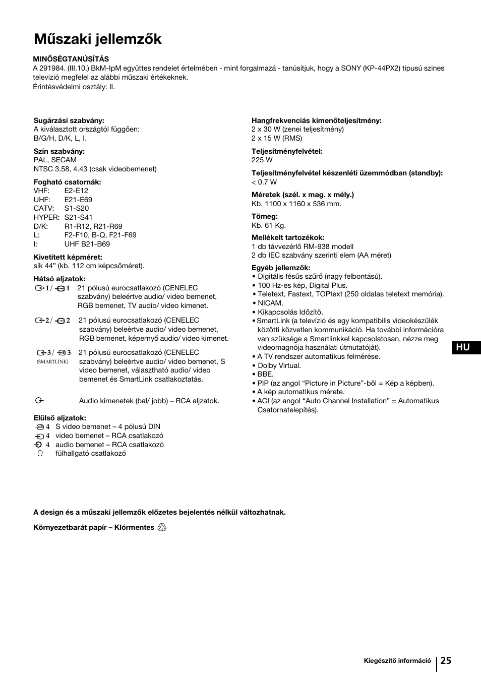 Műszaki jellemzők, 25 hu | Sony KP-44PX2 User Manual | Page 96 / 146