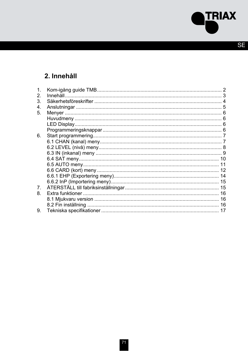 Innehåll | Triax TMB 10B User Manual | Page 71 / 108