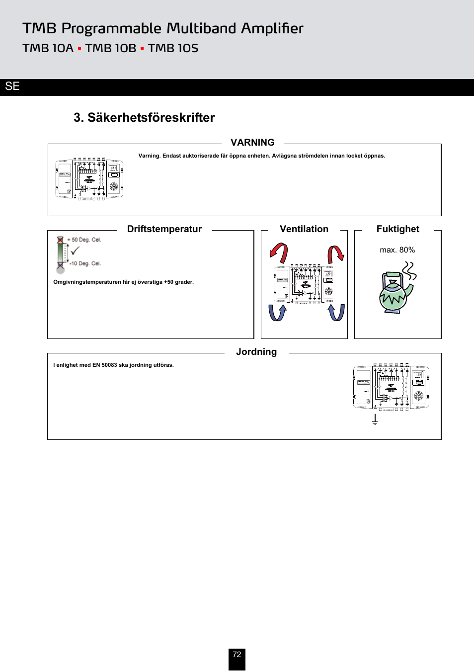 Tmb programmable multiband amplifier, Säkerhetsföreskrifter | Triax TMB 10B User Manual | Page 72 / 108