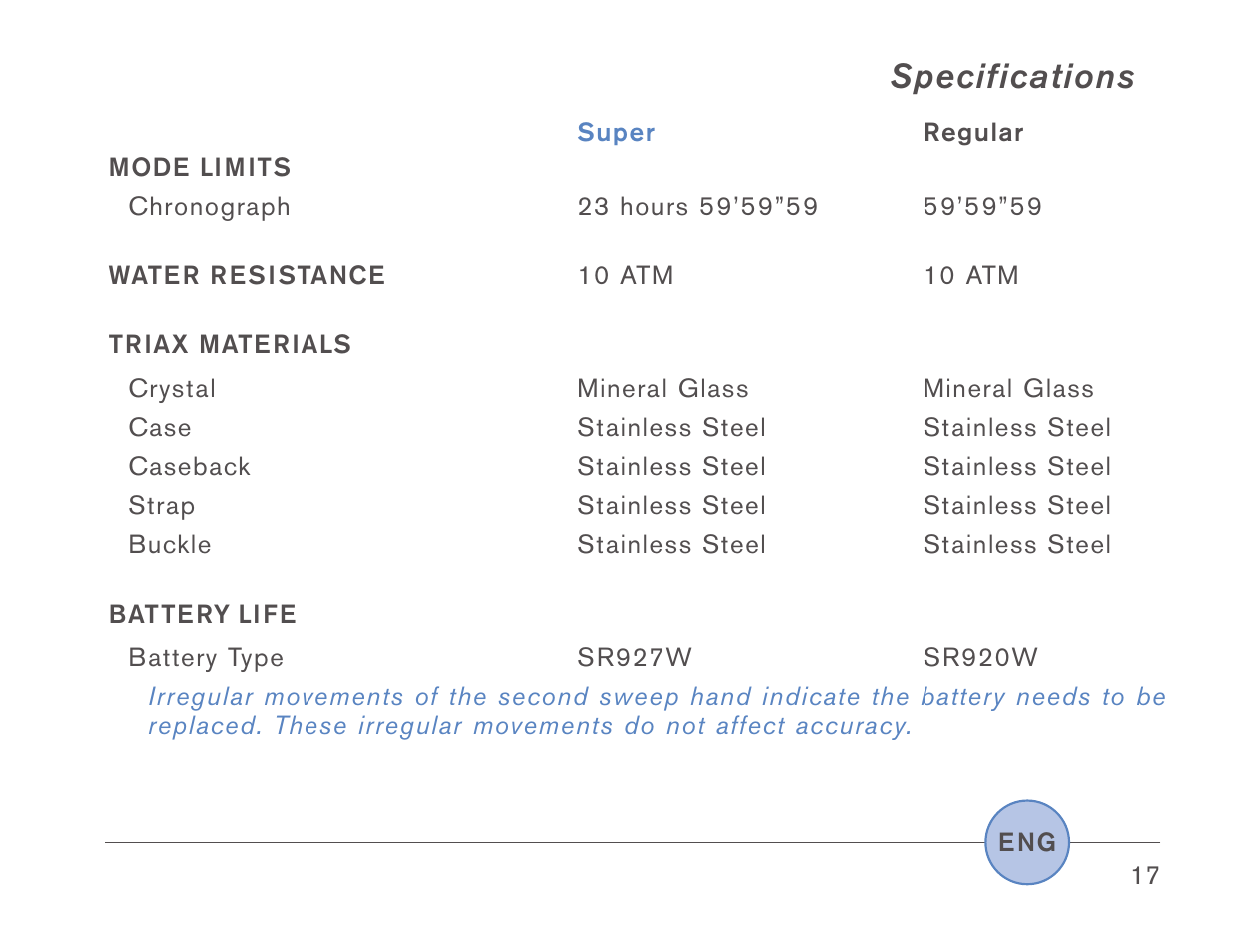 Specifications | Triax Armored SR920W User Manual | Page 16 / 16