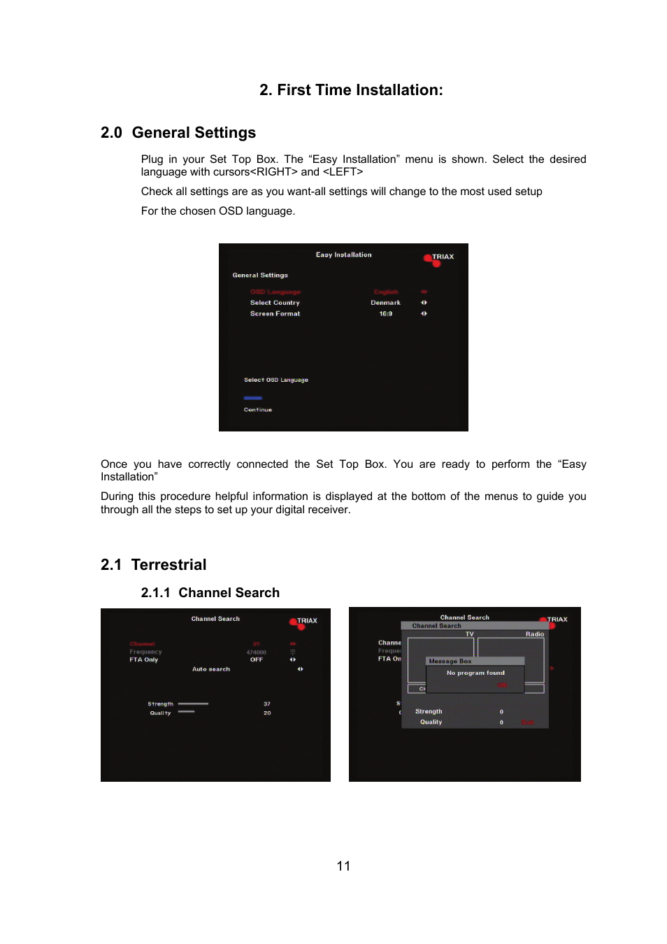 First time installation: 2.0 general settings, 1 terrestrial | Triax ST-HD527CI User Manual | Page 11 / 24