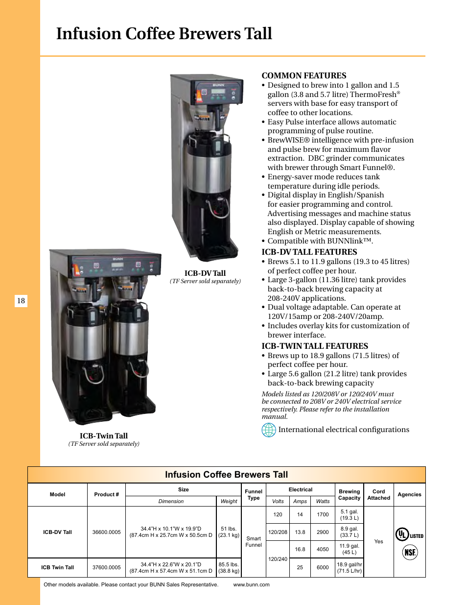 Infusion coffee brewers tall, Common features, Icb-dv tall features | Icb-twin tall features | Thermal Dynamics (a Thermadyne Company) INFUSION ICB-TWIN User Manual | Page 2 / 8