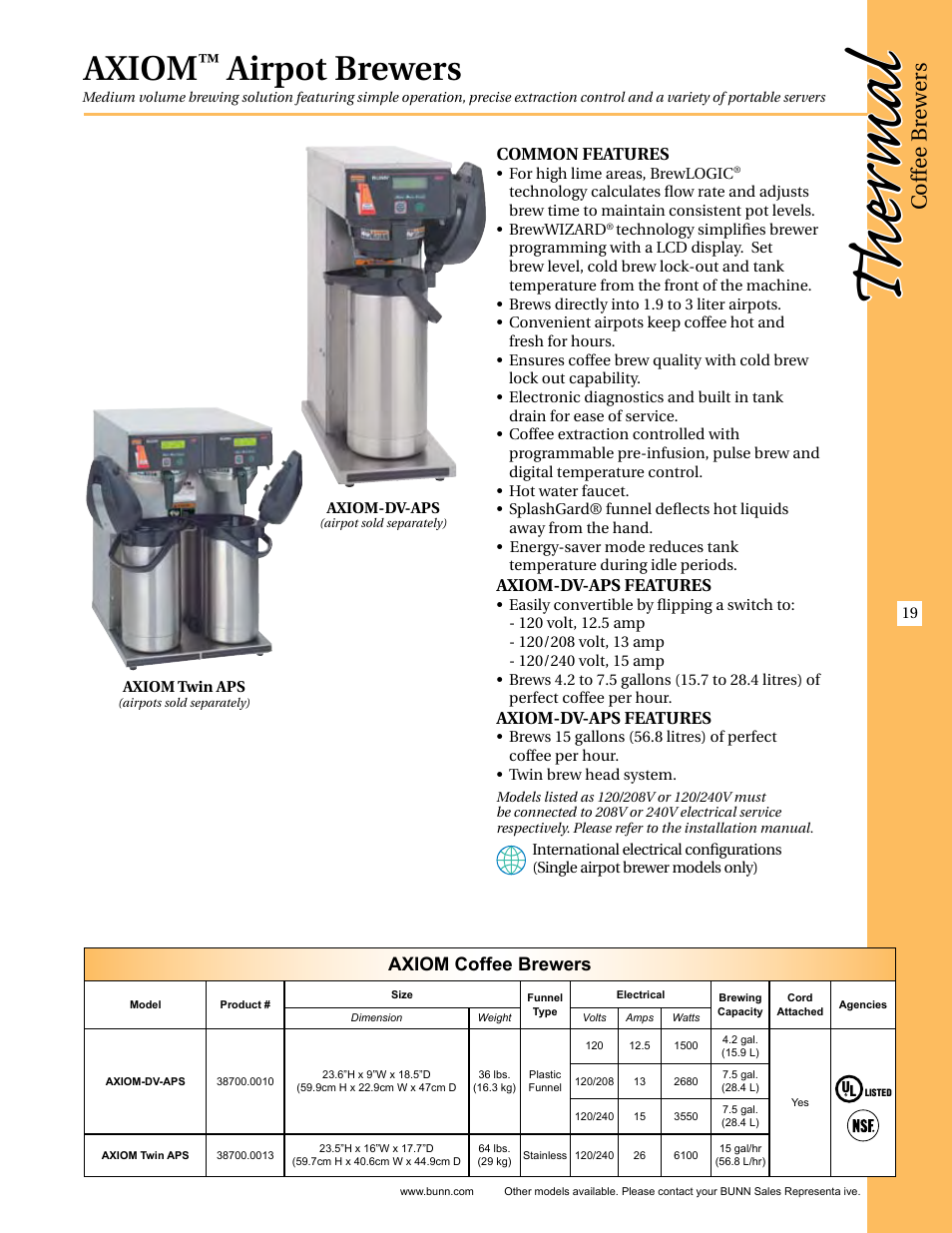 The rmal, Axiom, Airpot brewers | Coffee b rew ers, Axiom coffee brewers | Thermal Dynamics (a Thermadyne Company) INFUSION ICB-TWIN User Manual | Page 3 / 8