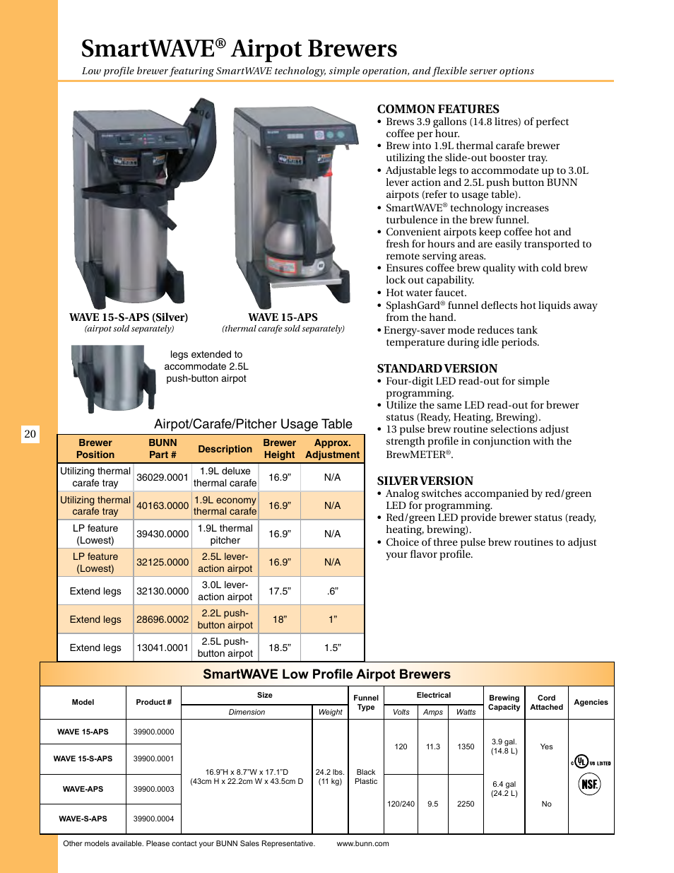 Smartwave, Airpot brewers, Smartwave low profile airpot brewers | Airpot/carafe/pitcher usage table, Common features, Standard version, Silver version | Thermal Dynamics (a Thermadyne Company) INFUSION ICB-TWIN User Manual | Page 4 / 8