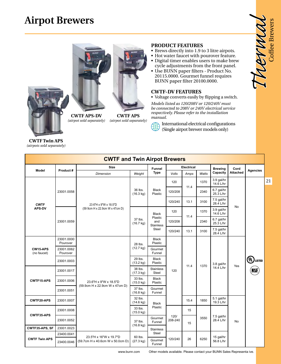 The rmal, Airpot brewers, Coffee b rew ers | Cwtf and twin airpot brewers, Product features, Cwtf-dv features | Thermal Dynamics (a Thermadyne Company) INFUSION ICB-TWIN User Manual | Page 5 / 8