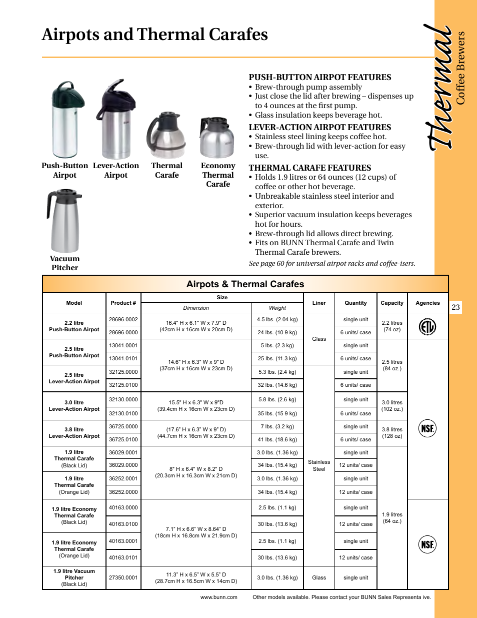 The rmal, Airpots and thermal carafes, Coffee b rew ers | Airpots & thermal carafes, Push-button airpot features, Lever-action airpot features, Thermal carafe features | Thermal Dynamics (a Thermadyne Company) INFUSION ICB-TWIN User Manual | Page 7 / 8