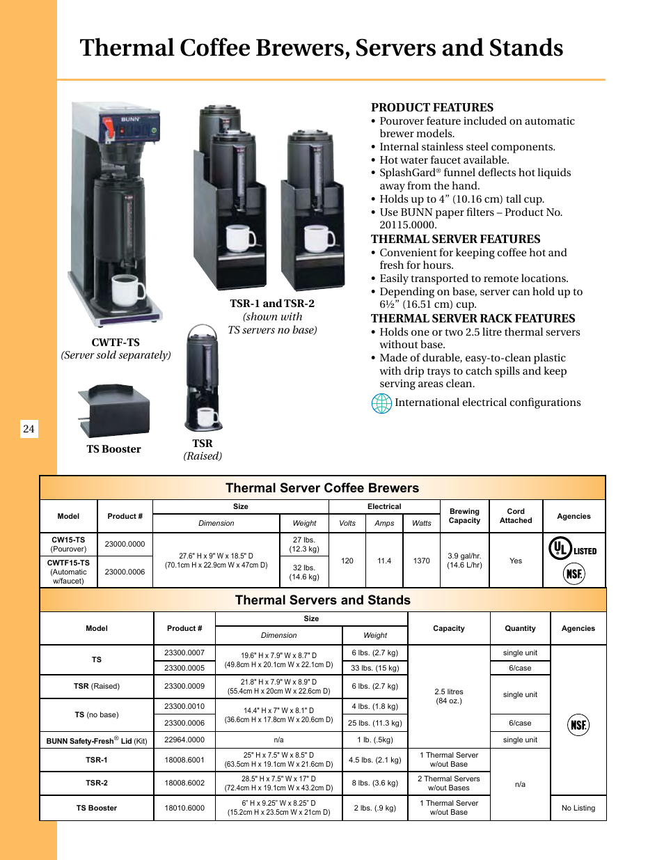 Thermal coffee brewers, servers and stands, Thermal server coffee brewers, Thermal servers and stands | Product features, Thermal server features, Thermal server rack features, Cwtf-ts (server sold separately) | Thermal Dynamics (a Thermadyne Company) INFUSION ICB-TWIN User Manual | Page 8 / 8