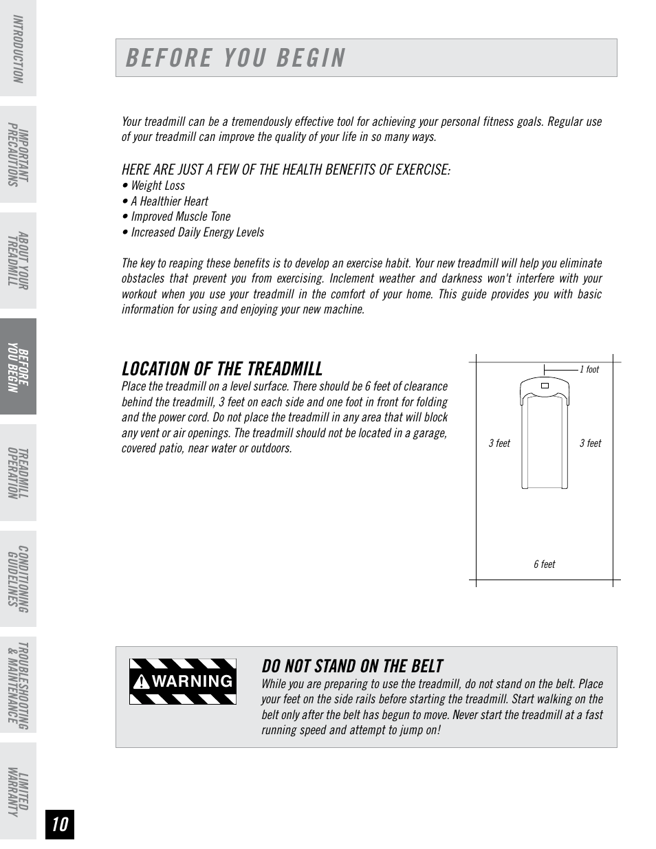 Before you begin, Location of the treadmill, Do not stand on the belt | Warning | Tempo EVOLVE User Manual | Page 10 / 24