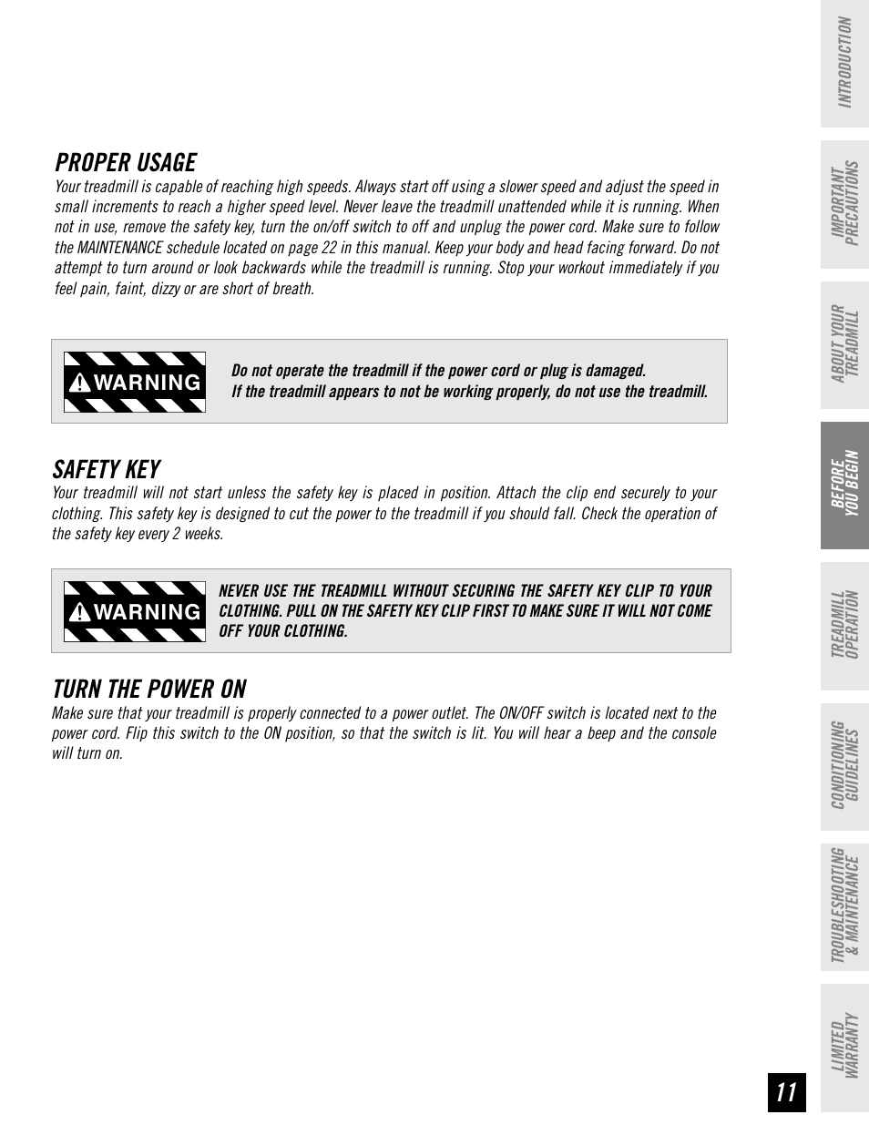 Safety key, Proper usage, Turn the power on | Warning | Tempo EVOLVE User Manual | Page 11 / 24