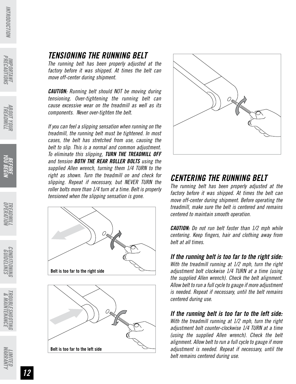 Centering the running belt, Tensioning the running belt | Tempo EVOLVE User Manual | Page 12 / 24
