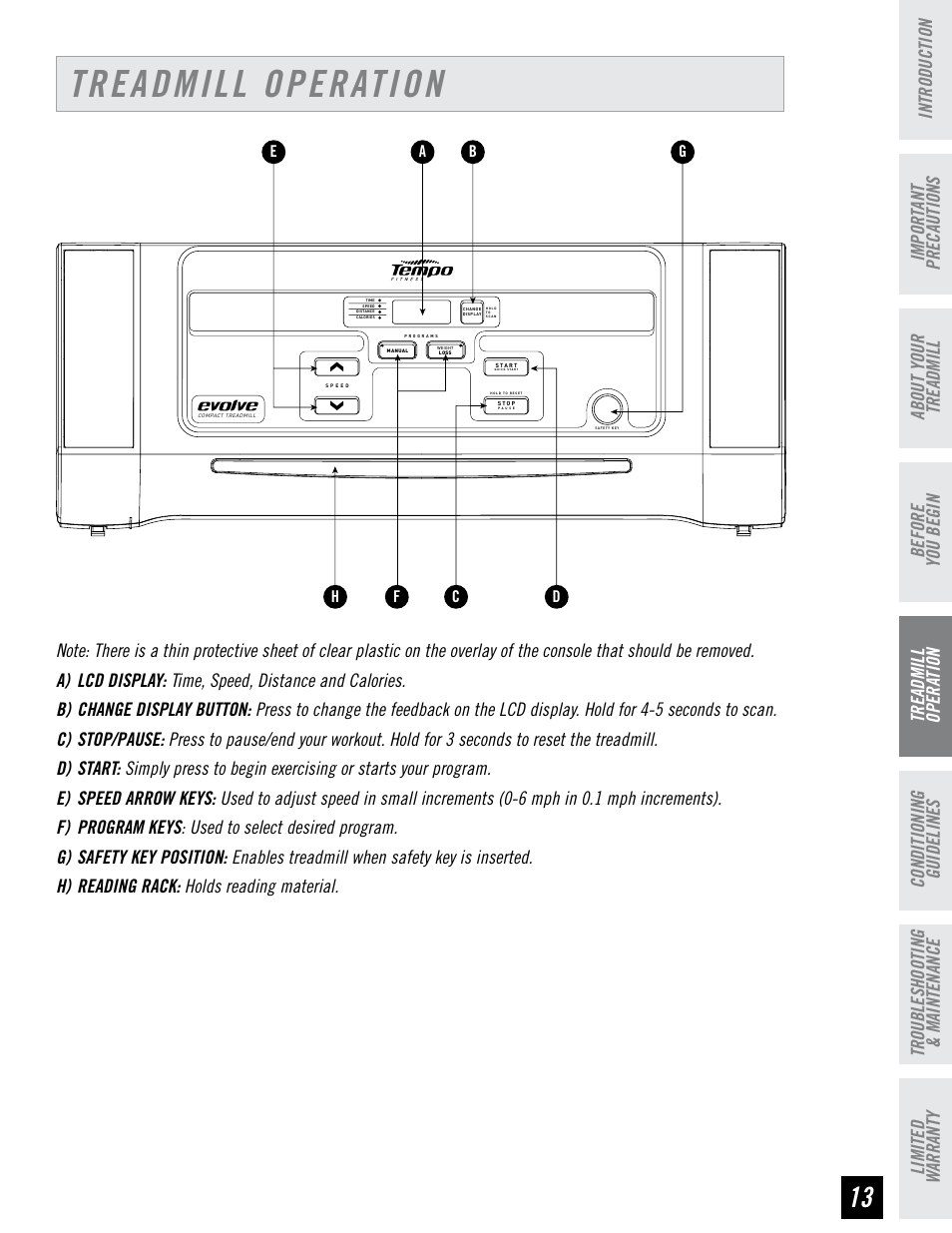 Treadmill operation | Tempo EVOLVE User Manual | Page 13 / 24
