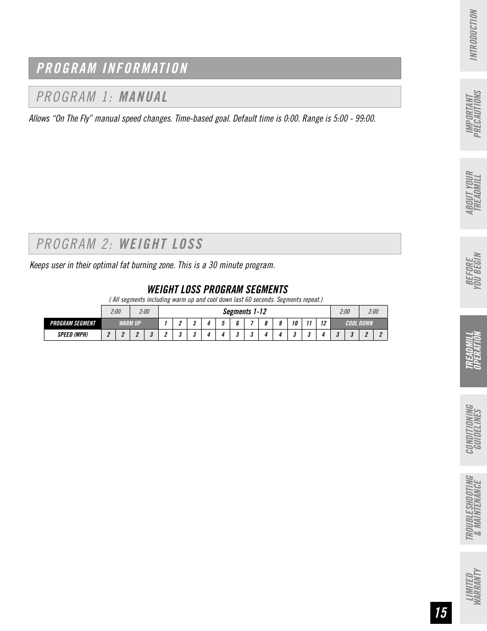Program information program 1: manual, Program 2: weight loss, Weight loss program segments | Tempo EVOLVE User Manual | Page 15 / 24