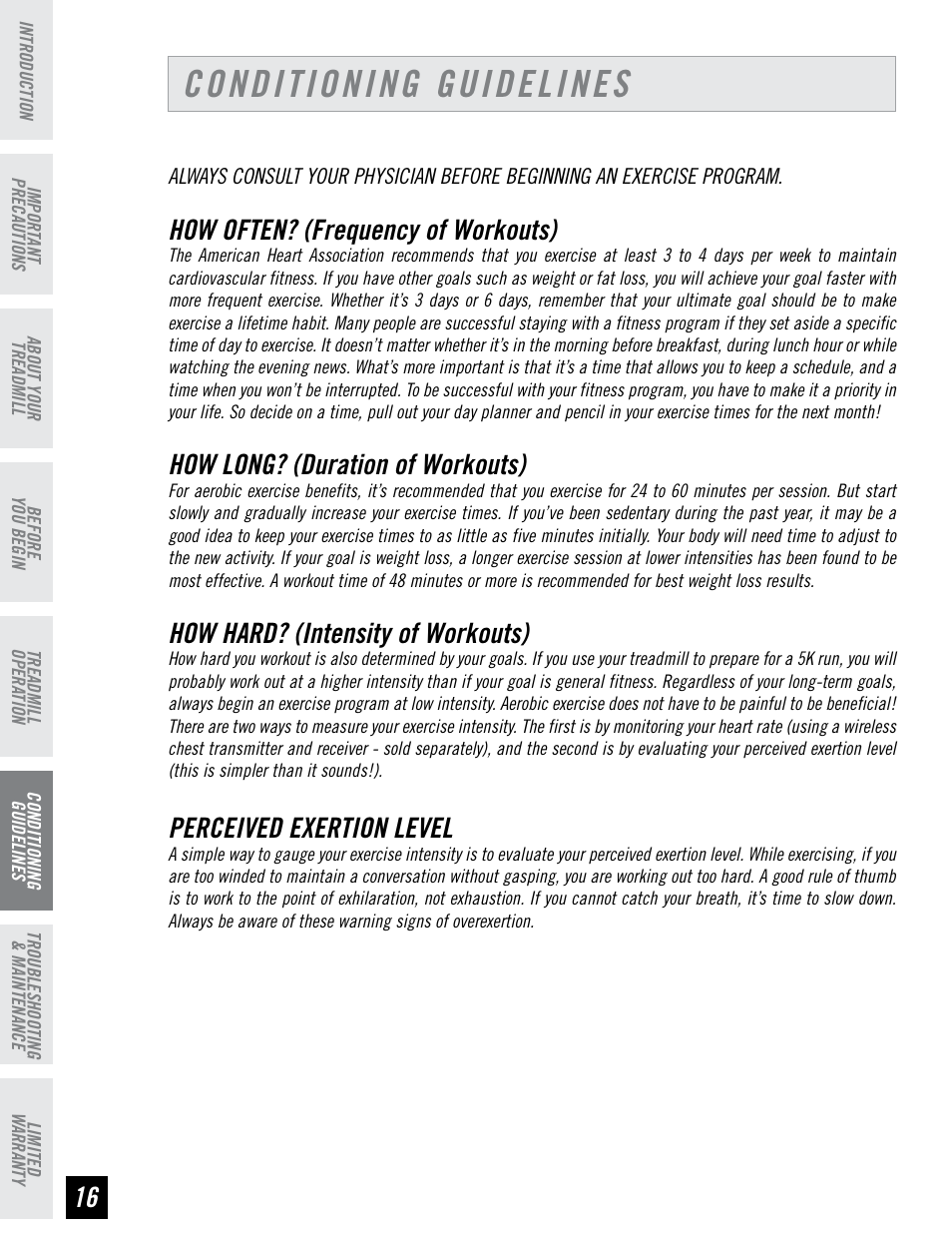 Conditioning guidelines, How often? (frequency of workouts), How long? (duration of workouts) | How hard? (intensity of workouts), Perceived exertion level | Tempo EVOLVE User Manual | Page 16 / 24
