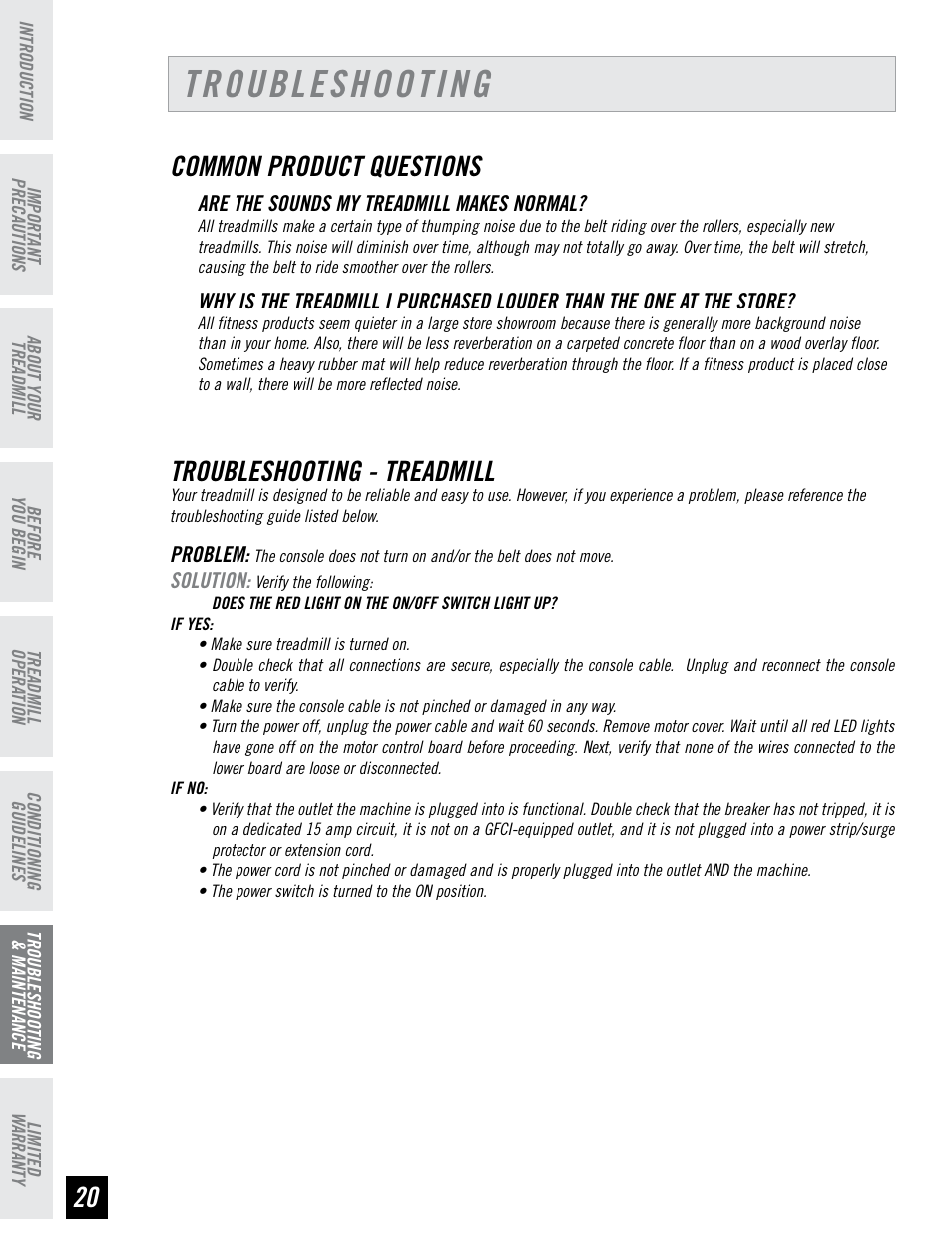 Troubleshooting, Common product questions, Troubleshooting - treadmill | Tempo EVOLVE User Manual | Page 20 / 24