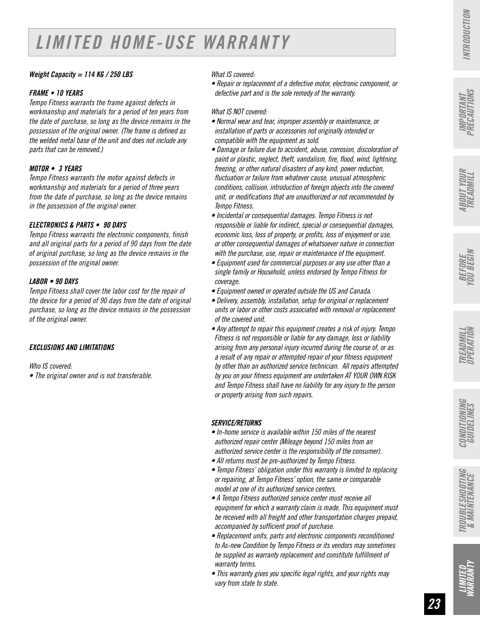Limited home-use warranty | Tempo EVOLVE User Manual | Page 23 / 24