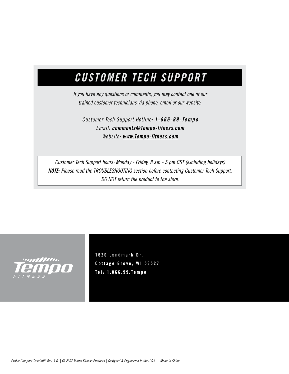 Customer tech support | Tempo EVOLVE User Manual | Page 24 / 24
