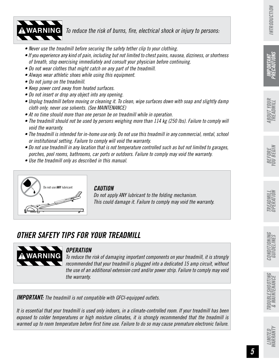 Other safety tips for your treadmill, Warning | Tempo EVOLVE User Manual | Page 5 / 24
