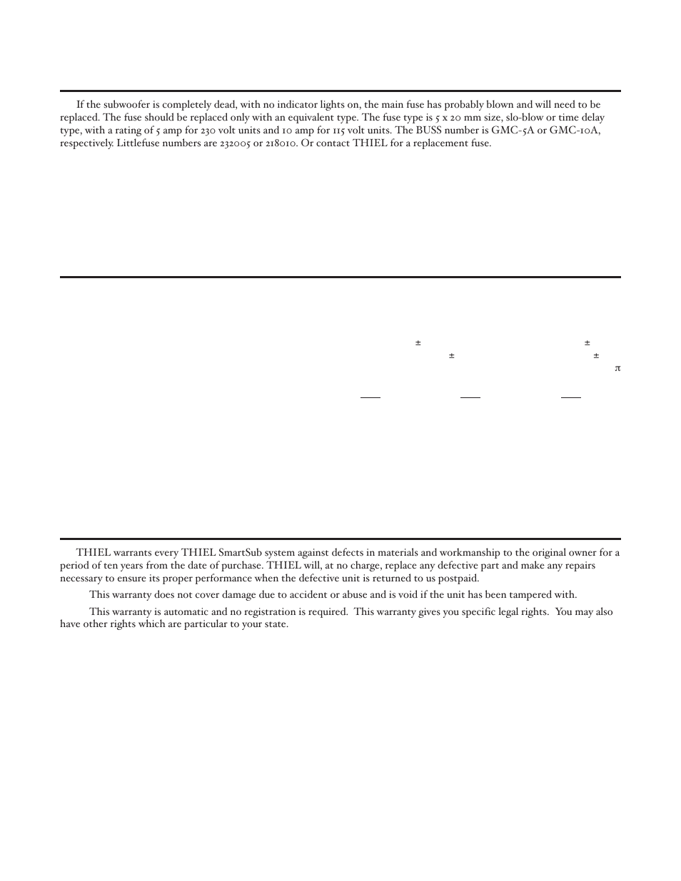 Specifications, Fuse replacement, Warranty | Thiel Audio Products SS3 User Manual | Page 14 / 16