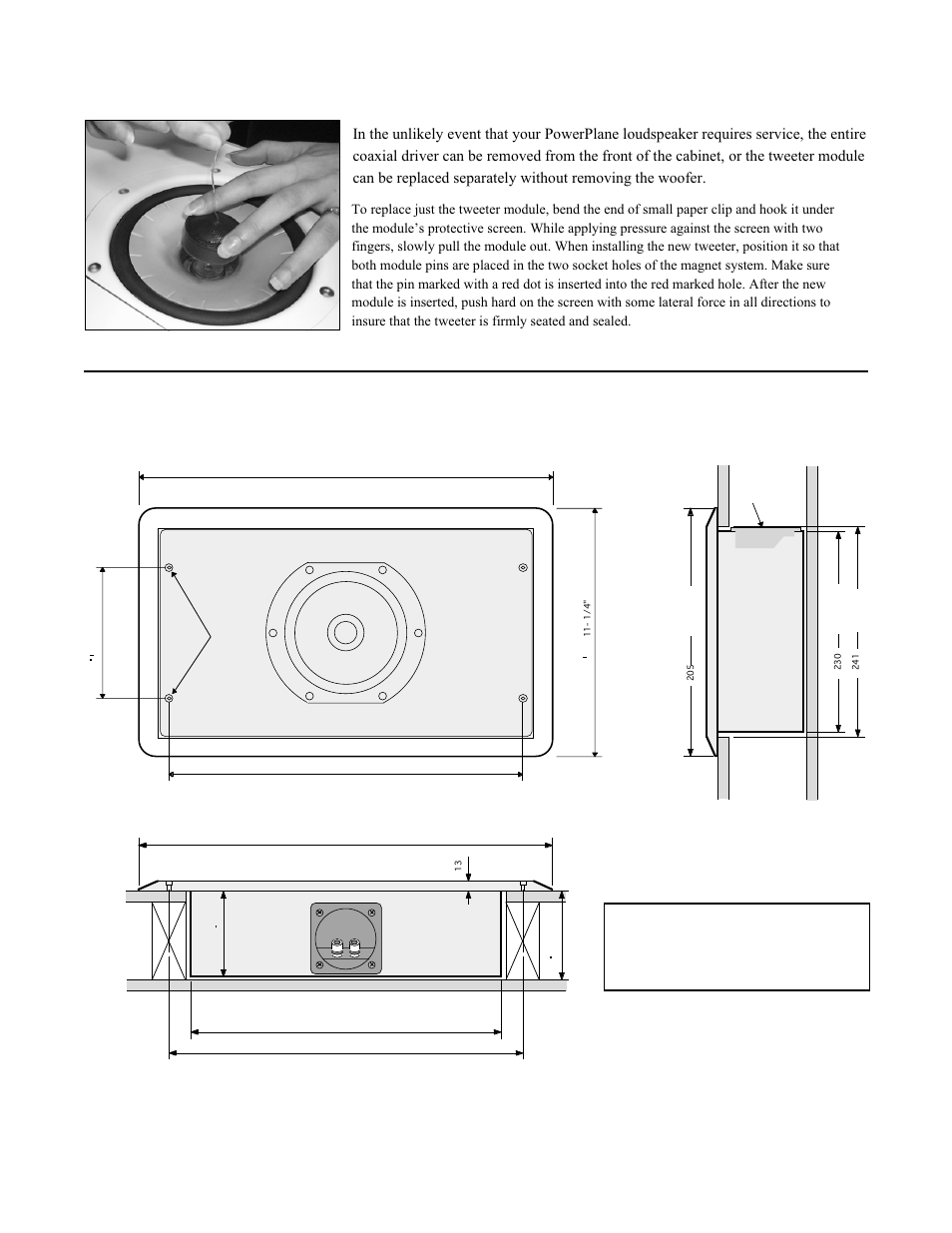 Replacing the coaxial tweeter module, Powerplane cabinet dimensions | Thiel Audio Products PowerPlane User Manual | Page 5 / 6