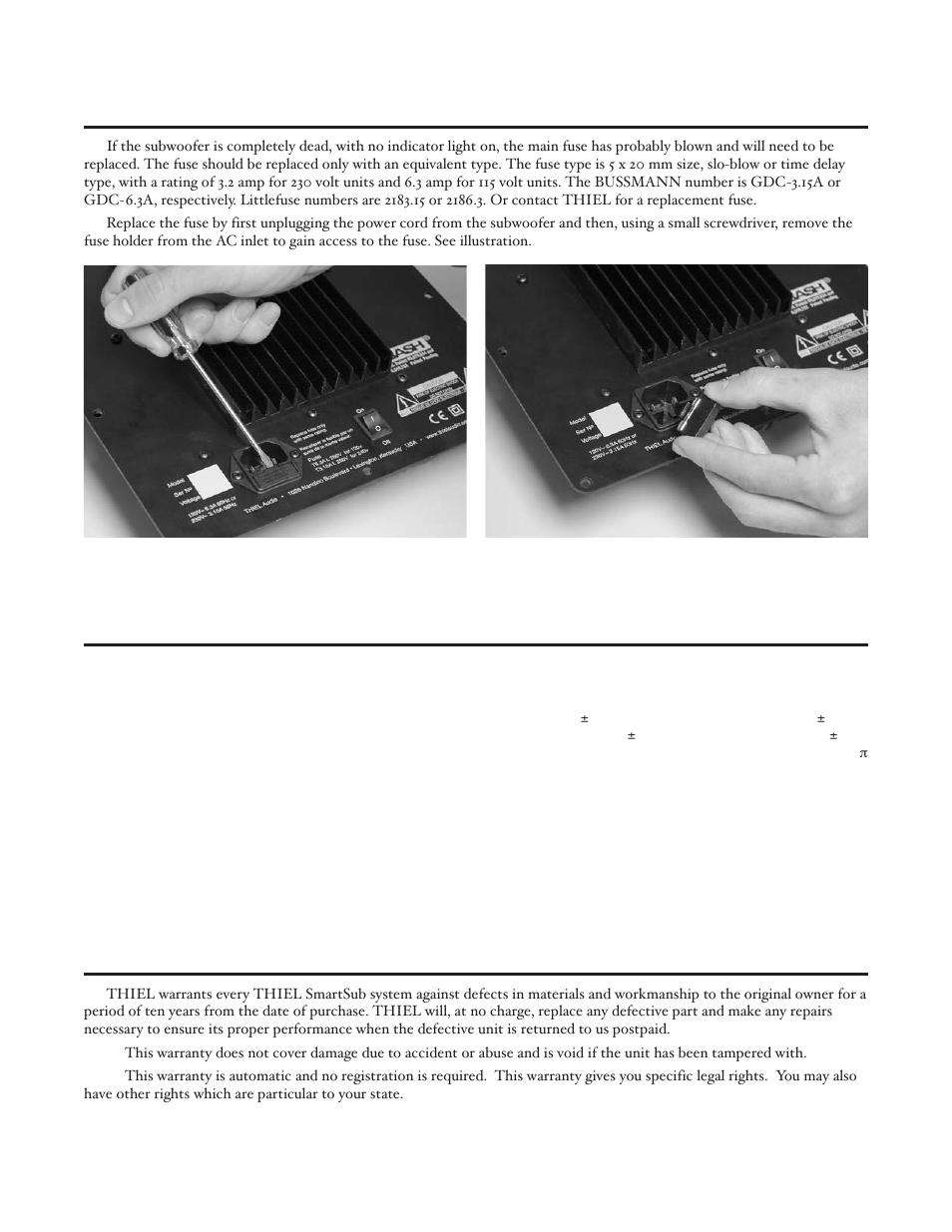 Fuse replacement, Specifications, Warranty | Thiel Audio Products SS1 Subwoofer User Manual | Page 14 / 16