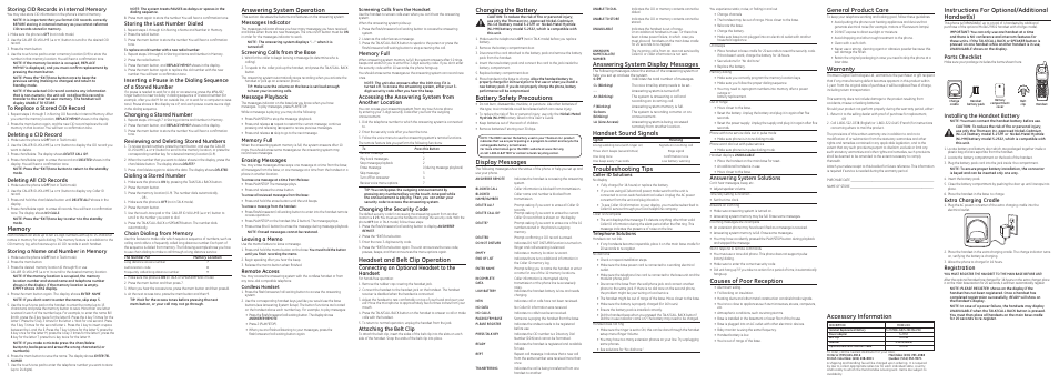 Answering system operation, Changing the battery, Battery safety precautions | Display messages, Causes of poor reception, General product care, Warranty, Answering system display messages, Handset sound signals, Headset and belt clip operation | Technicolor - Thomson 25952XX3 User Manual | Page 2 / 2