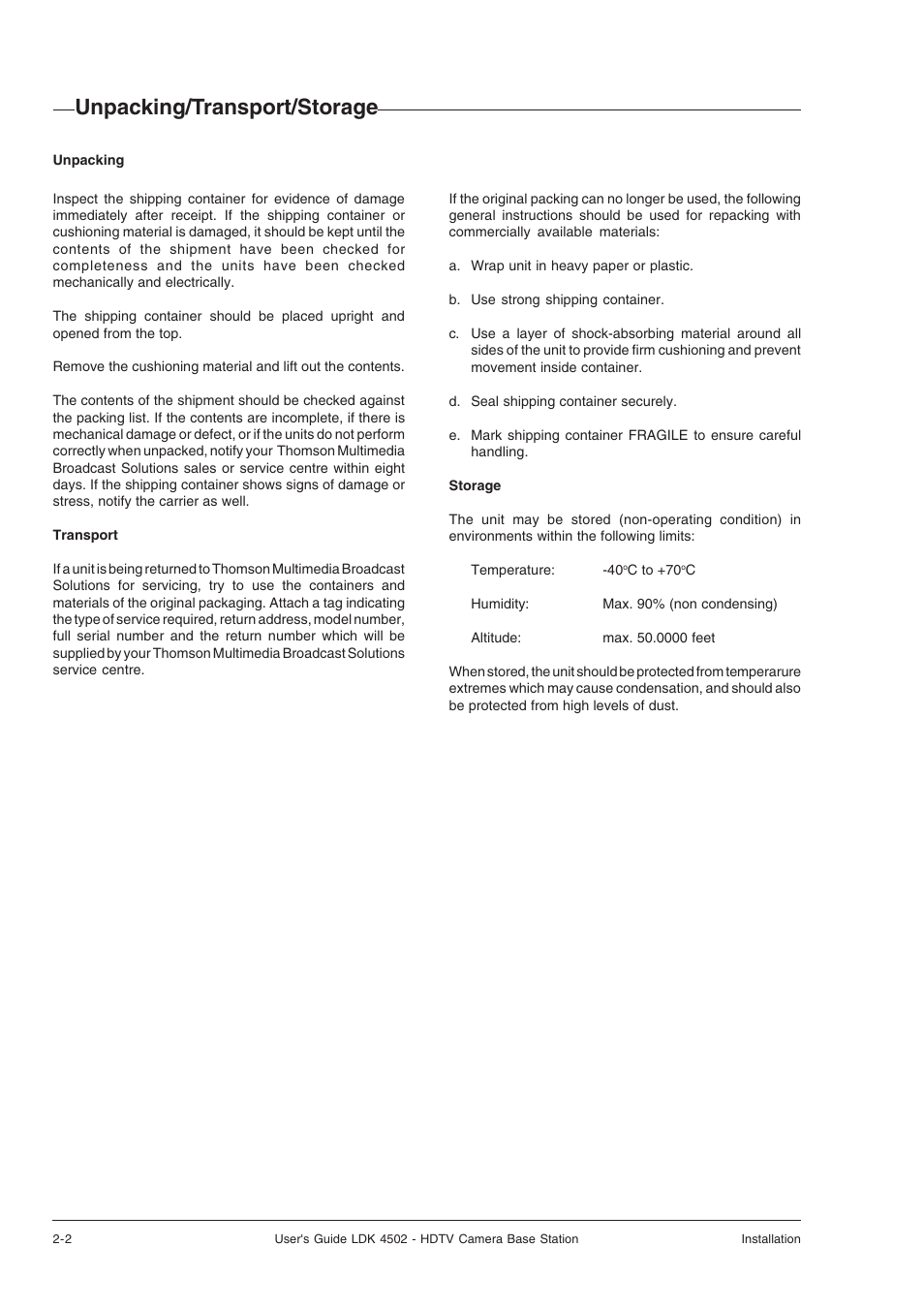 Unpacking/transport/storage | Technicolor - Thomson LDK 4502 User Manual | Page 10 / 66