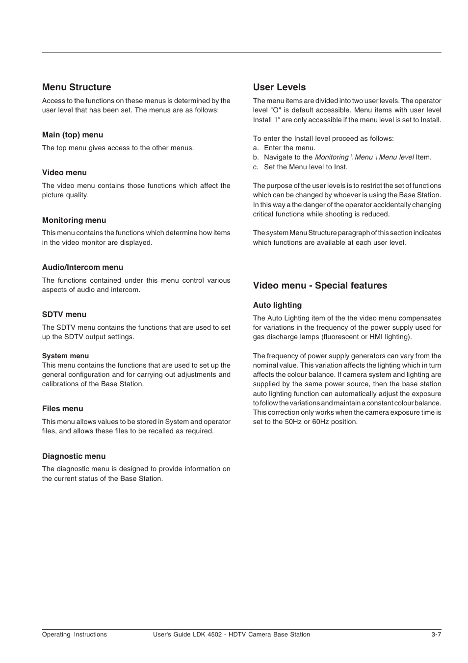 Menu structure, User levels, Video menu - special features | Technicolor - Thomson LDK 4502 User Manual | Page 39 / 66