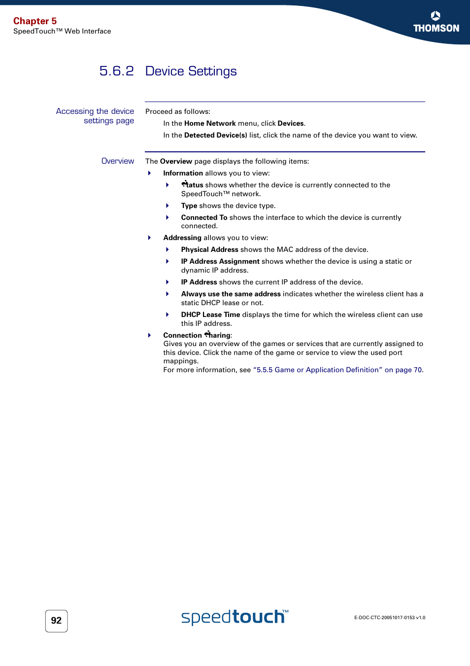 2 device settings, Overview, Device settings | Chapter 5 | Technicolor - Thomson SpeedTouch 780 (WL) User Manual | Page 100 / 122