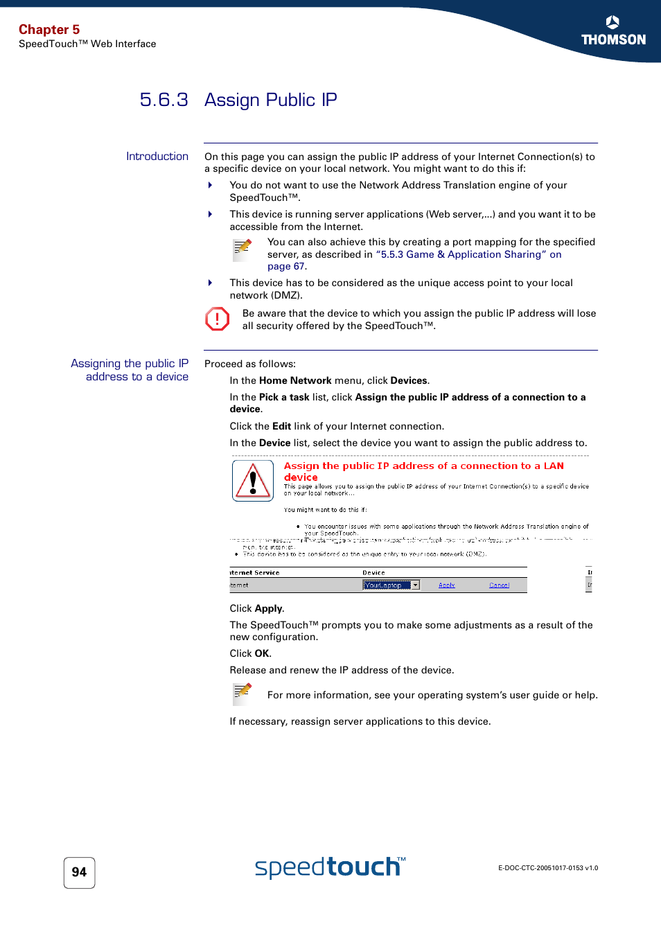 3 assign public ip, Introduction, Assigning the public ip address to a device | Assign public ip, Chapter 5 | Technicolor - Thomson SpeedTouch 780 (WL) User Manual | Page 102 / 122