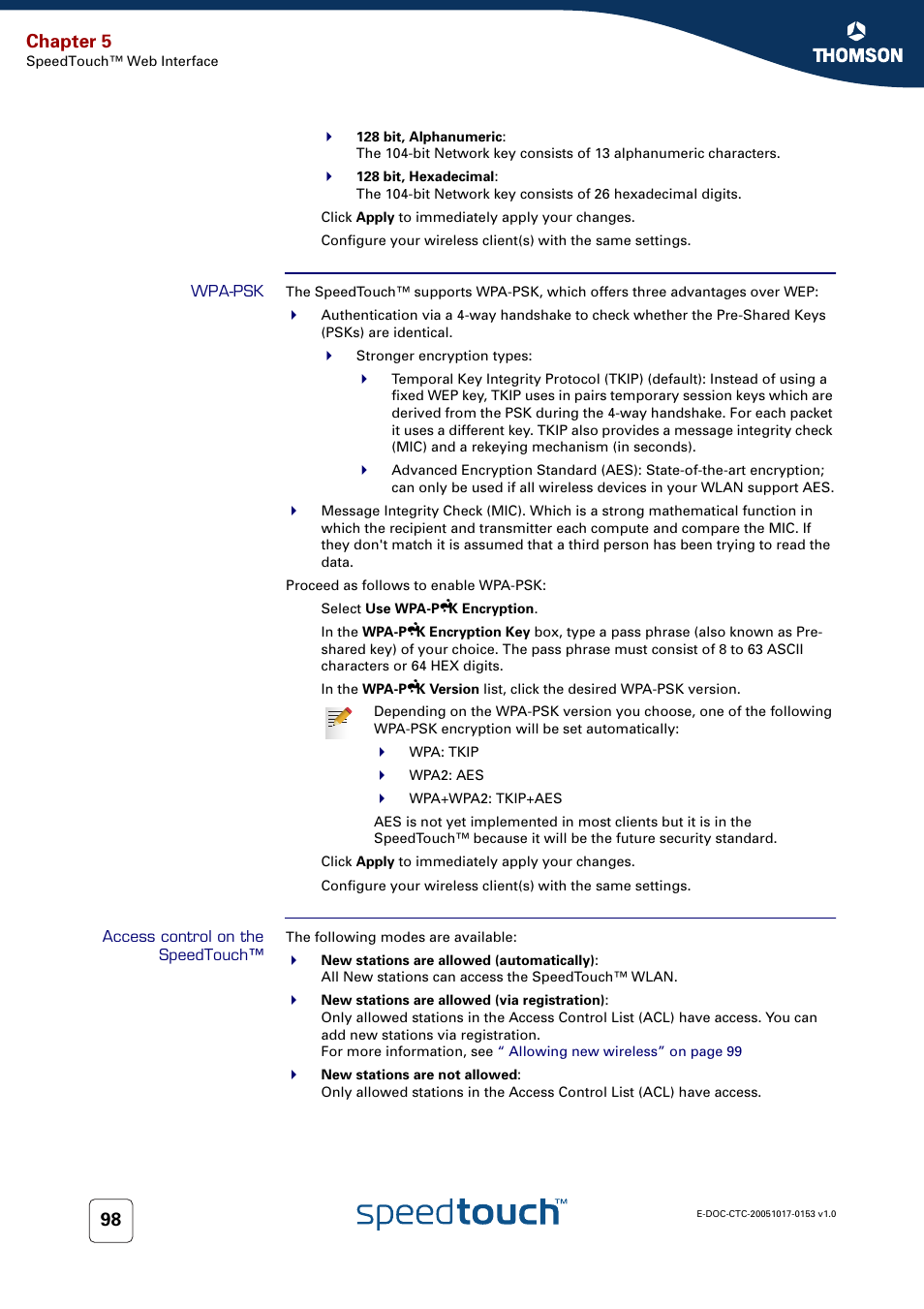 Wpa-psk, Access control on the speedtouch, Chapter 5 | Technicolor - Thomson SpeedTouch 780 (WL) User Manual | Page 106 / 122