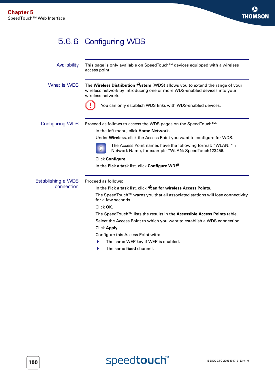 6 configuring wds, Availability, What is wds | Configuring wds, Establishing a wds connection, Chapter 5 | Technicolor - Thomson SpeedTouch 780 (WL) User Manual | Page 108 / 122