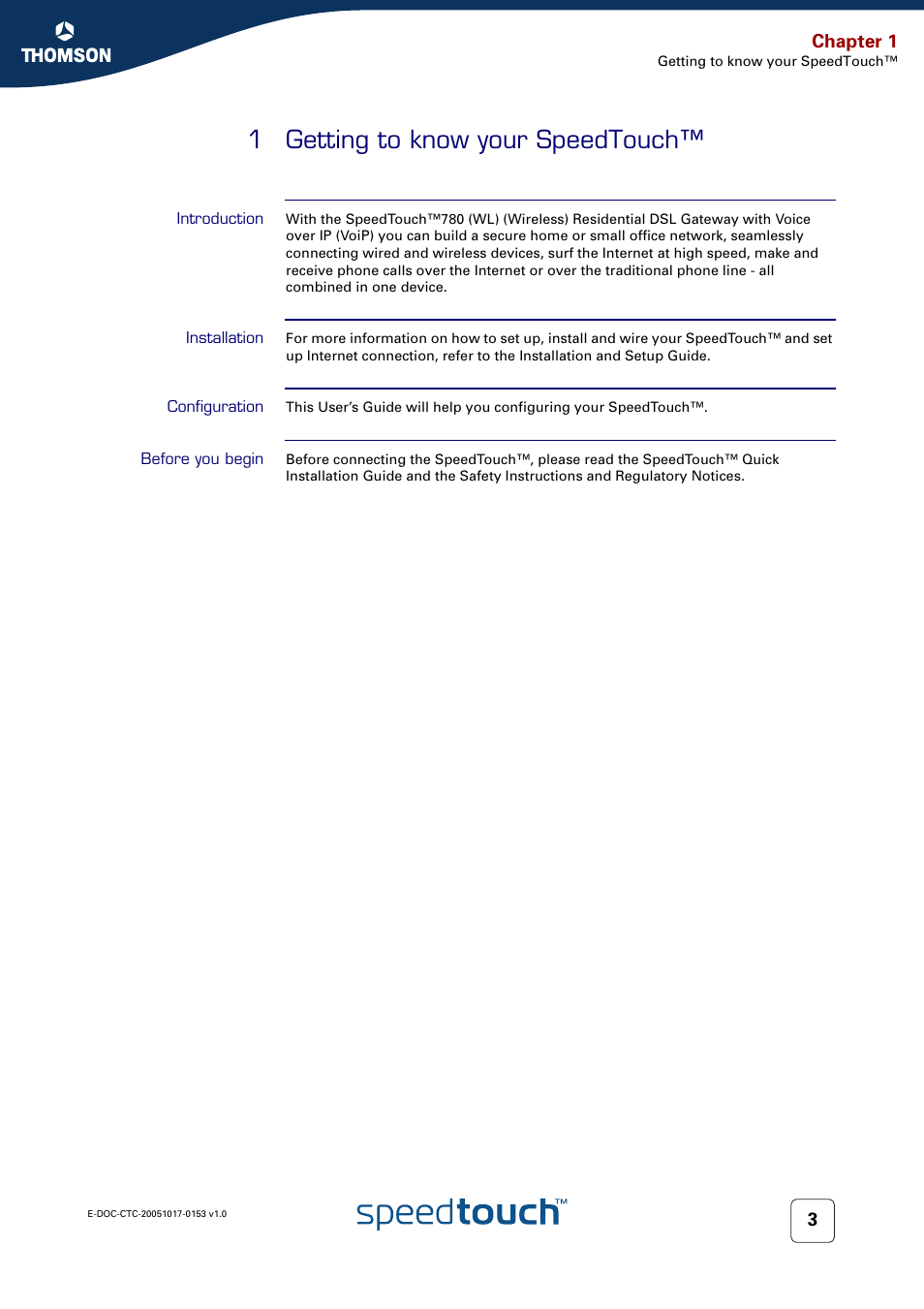 1 getting to know your speedtouch, Introduction, Installation | Configuration, Before you begin, Getting to know your speedtouch, Chapter 1 | Technicolor - Thomson SpeedTouch 780 (WL) User Manual | Page 11 / 122