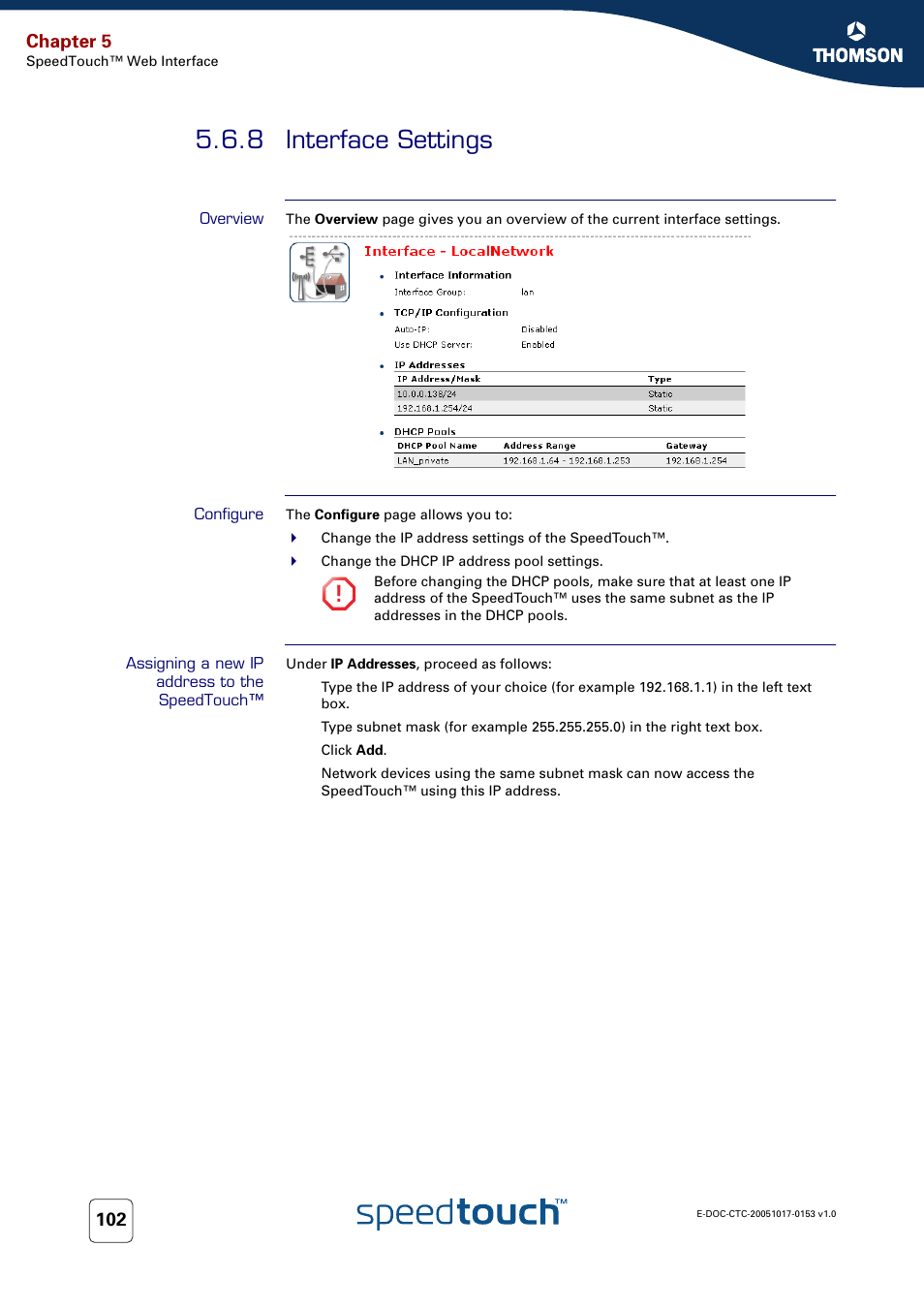 8 interface settings, Overview, Configure | Assigning a new ip address to the speedtouch, Interface settings, Chapter 5 | Technicolor - Thomson SpeedTouch 780 (WL) User Manual | Page 110 / 122