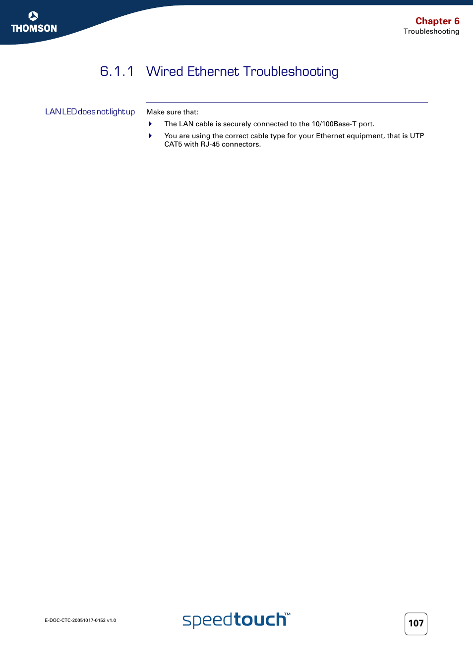 1 wired ethernet troubleshooting, Lan led does not light up, Wired ethernet troubleshooting | Technicolor - Thomson SpeedTouch 780 (WL) User Manual | Page 115 / 122