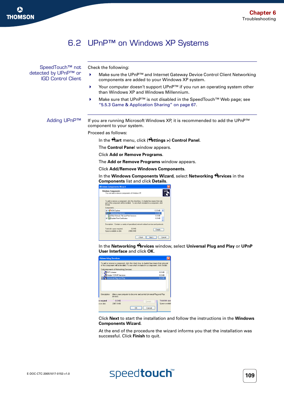 2 upnp™ on windows xp systems, Adding upnp, Upnp™ on windows xp systems | Upnp™ (see, Speedtouch™ not detected by upnp™ or igd control, Chapter 6 | Technicolor - Thomson SpeedTouch 780 (WL) User Manual | Page 117 / 122