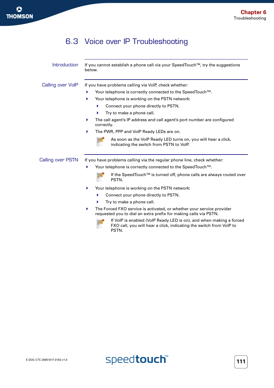 3 voice over ip troubleshooting, Introduction, Calling over voip | Calling over pstn, Voice over ip troubleshooting, Chapter 6 | Technicolor - Thomson SpeedTouch 780 (WL) User Manual | Page 119 / 122