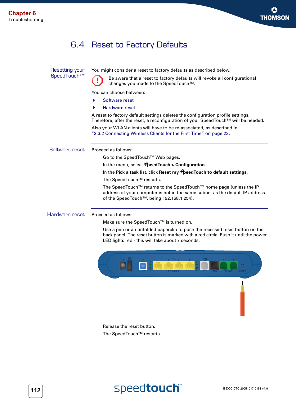 4 reset to factory defaults, Resetting your speedtouch, Software reset | Hardware reset, Reset to factory defaults, Chapter 6 | Technicolor - Thomson SpeedTouch 780 (WL) User Manual | Page 120 / 122