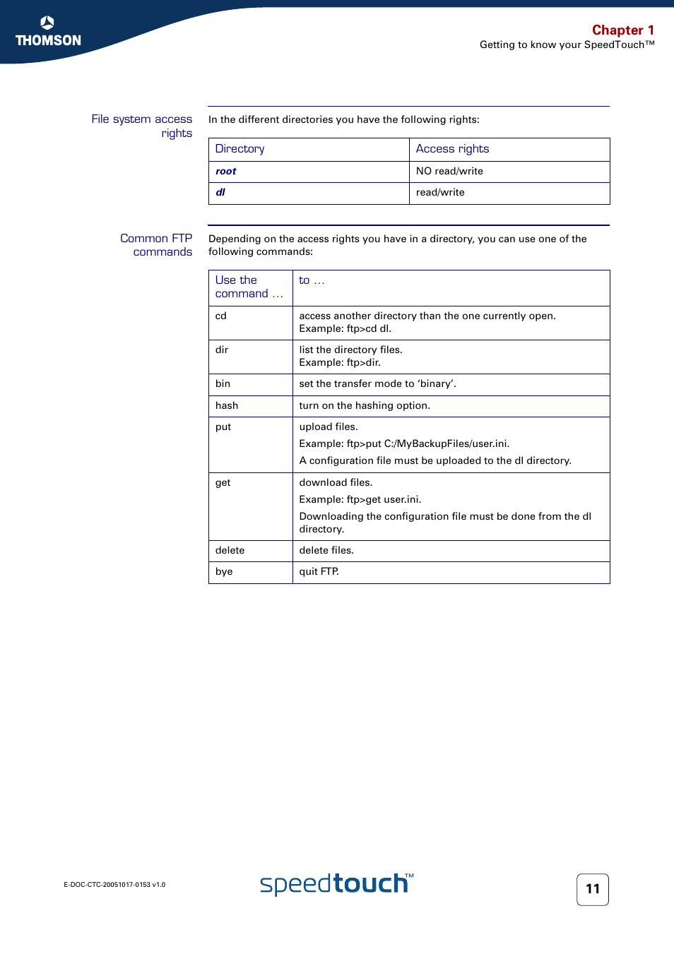 File system access rights, Common ftp commands, Chapter 1 | Technicolor - Thomson SpeedTouch 780 (WL) User Manual | Page 19 / 122