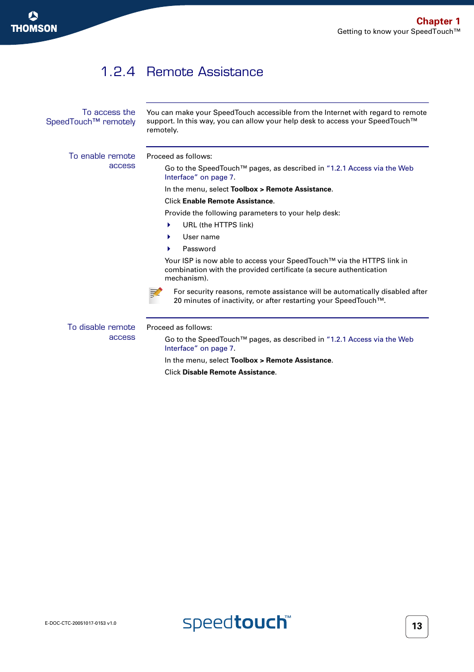 4 remote assistance, To access the speedtouch™ remotely, To enable remote access | To disable remote access, Remote assistance, 4 remote, Chapter 1 | Technicolor - Thomson SpeedTouch 780 (WL) User Manual | Page 21 / 122