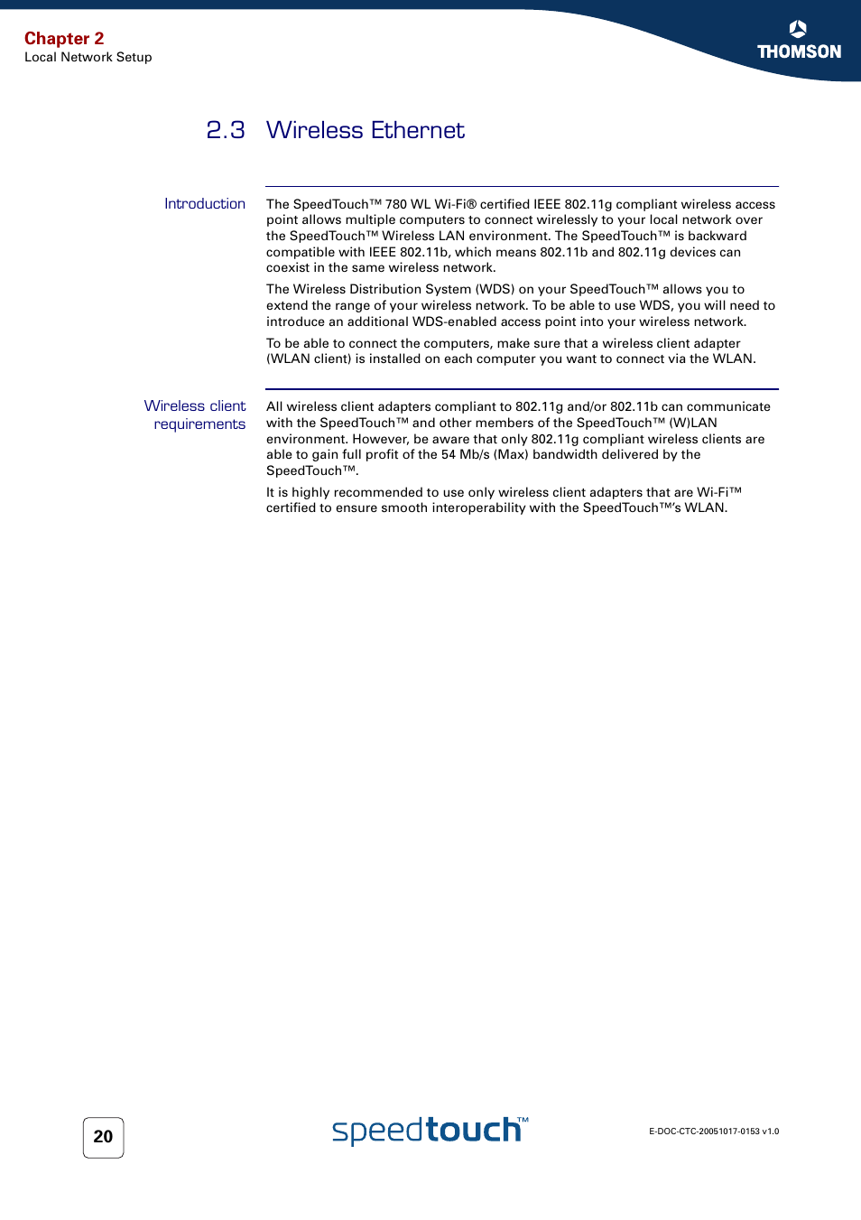 3 wireless ethernet, Introduction, Wireless client requirements | Wireless ethernet, On the spe, Chapter 2 | Technicolor - Thomson SpeedTouch 780 (WL) User Manual | Page 28 / 122