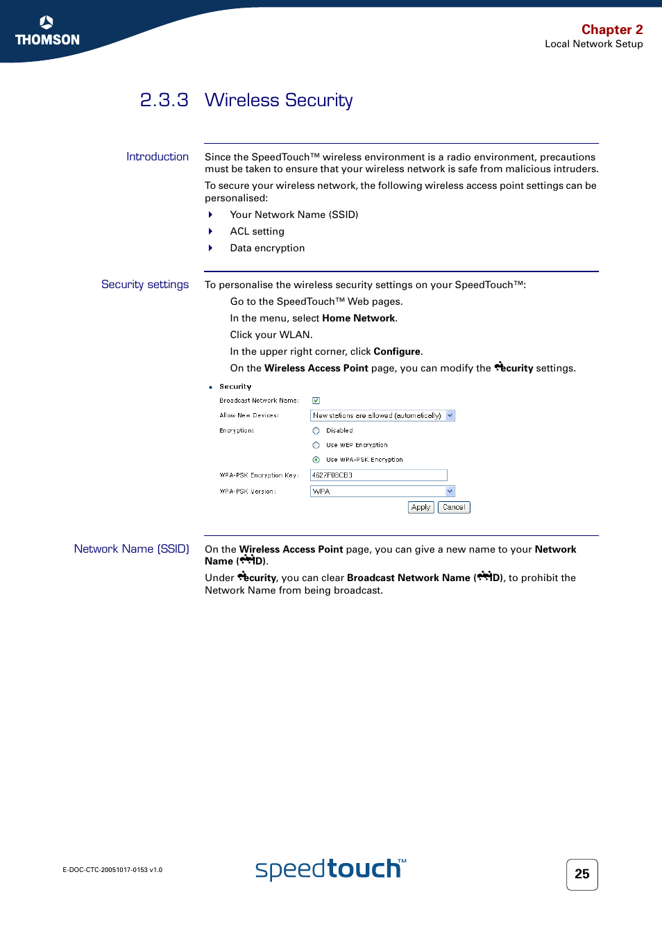 3 wireless security, Introduction, Security settings | Network name (ssid), Wireless security, Chapter 2 | Technicolor - Thomson SpeedTouch 780 (WL) User Manual | Page 33 / 122