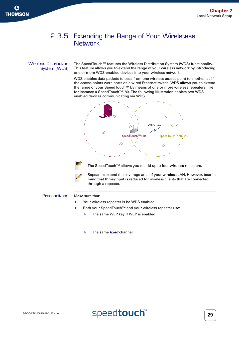 5 extending the range of your wirelstess network, Wireless distribution system (wds), Preconditions | Extending the range of your wirelstess network, Chapter 2 | Technicolor - Thomson SpeedTouch 780 (WL) User Manual | Page 37 / 122