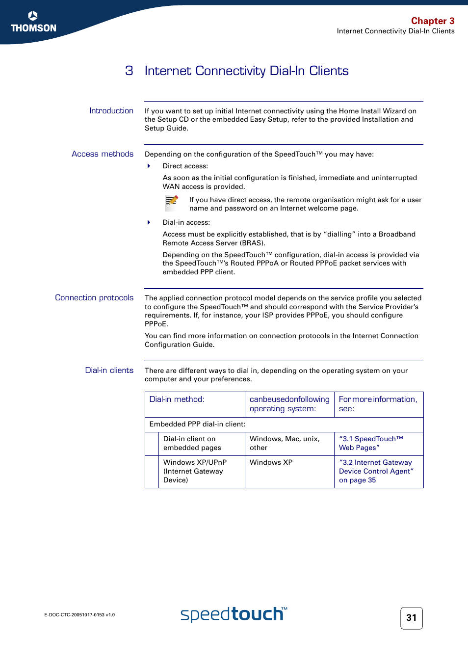 3 internet connectivity dial-in clients, Introduction, Access methods | Connection protocols, Dial-in clients, Internet connectivity dial-in clients, Chapter 3 | Technicolor - Thomson SpeedTouch 780 (WL) User Manual | Page 39 / 122