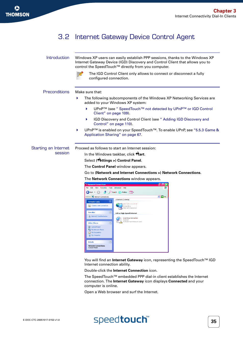 2 internet gateway device control agent, Introduction, Preconditions | Starting an internet session, Internet gateway device control agent, Chapter 3 | Technicolor - Thomson SpeedTouch 780 (WL) User Manual | Page 43 / 122