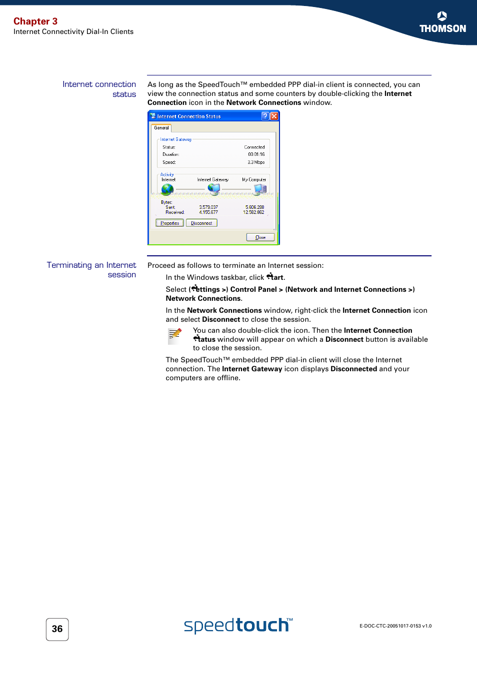 Internet connection status, Terminating an internet session, Chapter 3 | Technicolor - Thomson SpeedTouch 780 (WL) User Manual | Page 44 / 122