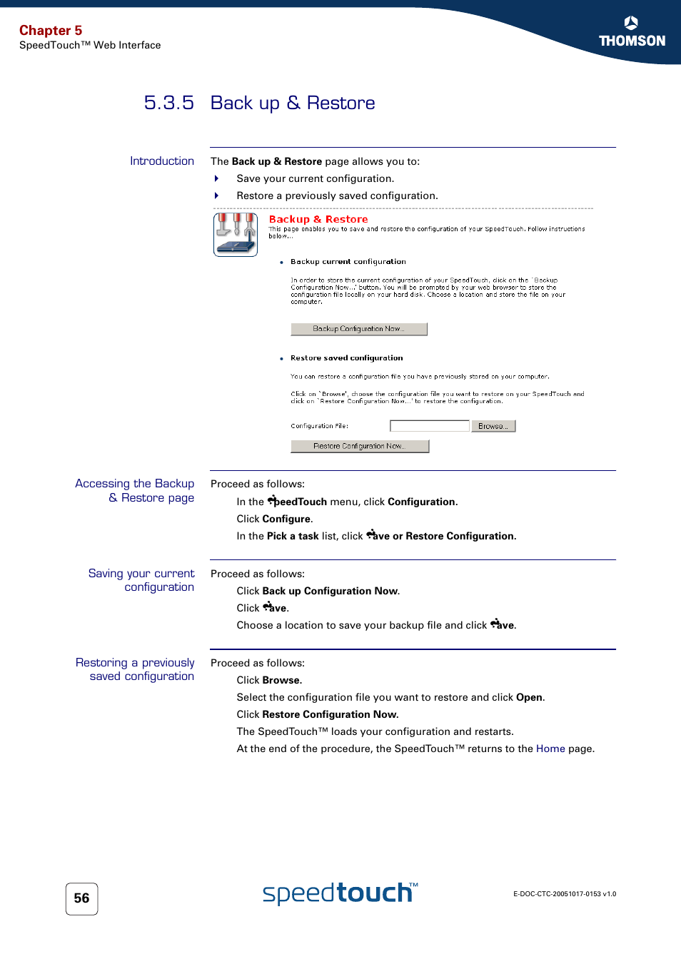 5 back up & restore, Introduction, Saving your current configuration | Restoring a previously saved configuration, Back up & restore, Chapter 5 | Technicolor - Thomson SpeedTouch 780 (WL) User Manual | Page 64 / 122