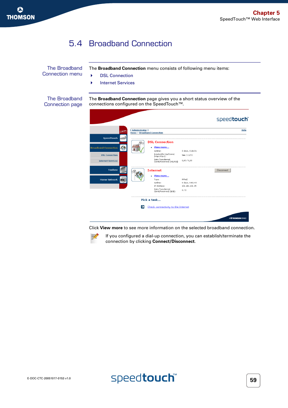 4 broadband connection, The broadband connection menu, Broadband connection | Chapter 5 | Technicolor - Thomson SpeedTouch 780 (WL) User Manual | Page 67 / 122