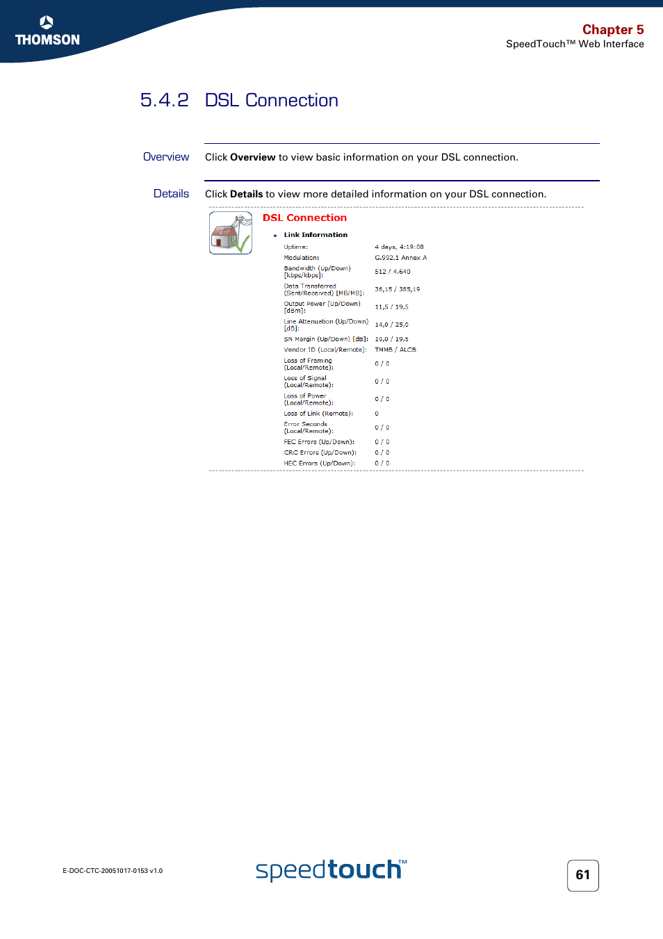 2 dsl connection, Overview, Details | Dsl connection | Technicolor - Thomson SpeedTouch 780 (WL) User Manual | Page 69 / 122