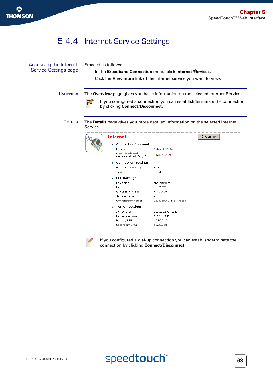 4 internet service settings, Overview, Details | Internet service settings, Chapter 5 | Technicolor - Thomson SpeedTouch 780 (WL) User Manual | Page 71 / 122