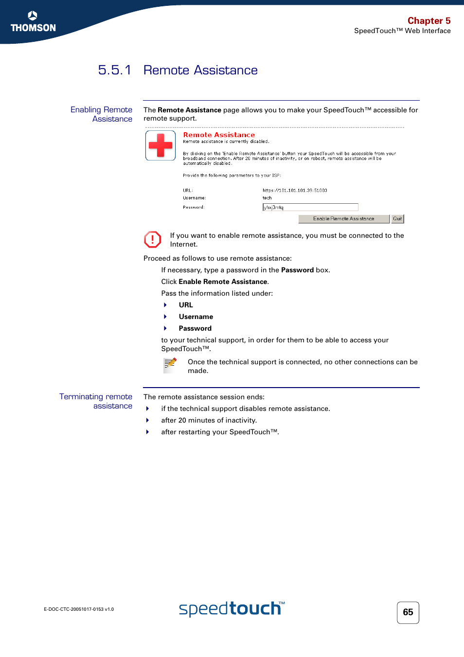 1 remote assistance, Enabling remote assistance, Terminating remote assistance | Remote assistance, Chapter 5 | Technicolor - Thomson SpeedTouch 780 (WL) User Manual | Page 73 / 122